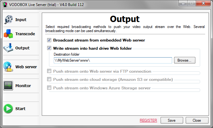 Select broadcast modes into VODOBOX Live Server