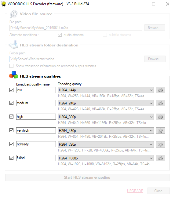 Choose broadcast qualities for the HLS video stream