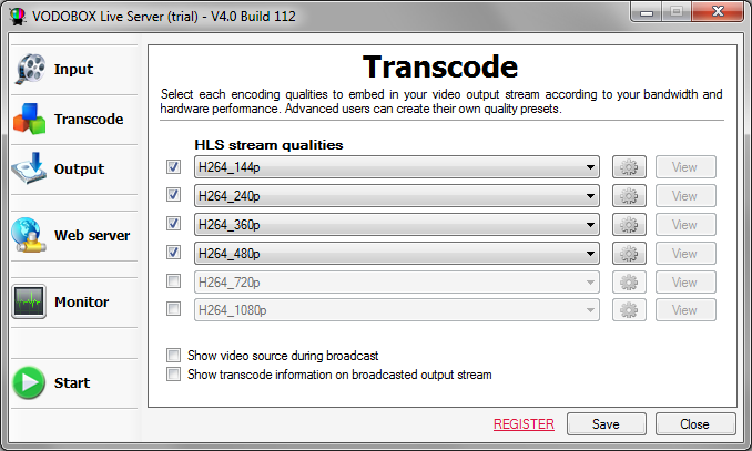 Choose broadcast qualities for the HLS video stream