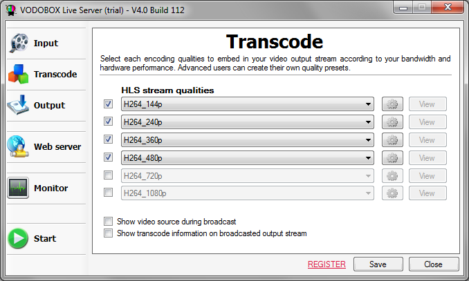 Reglez la qualite de diffusion video du logiciel VODOBOX Live Server