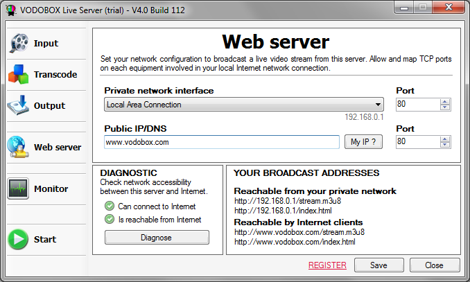 Set network device parameters into VODOBOX Live Server